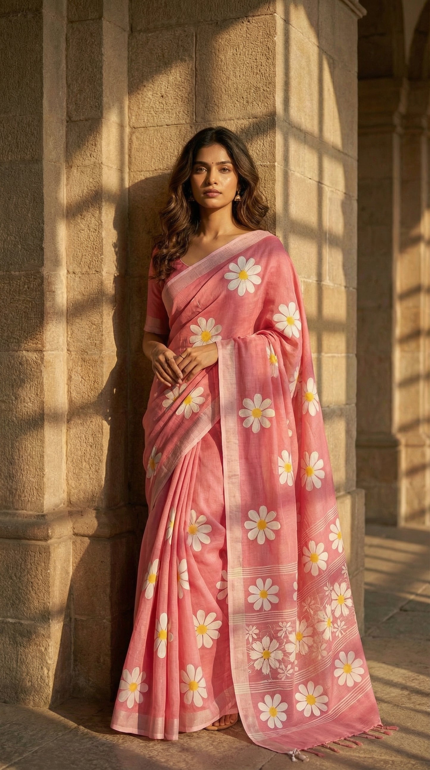Woman wearing pink cotton saree with hand-painted sunflower artwork and silver border, standing near a heritage wall where sunlight makes patterns; use shadow textures to elevate the saree’s motifs.