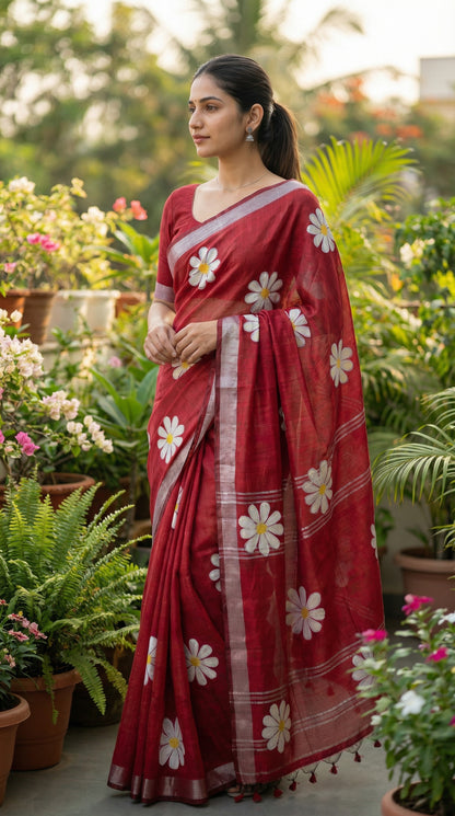 Woman wearing Red cotton saree featuring hand-painted sunflower design with white and yellow petals, in a garden setting