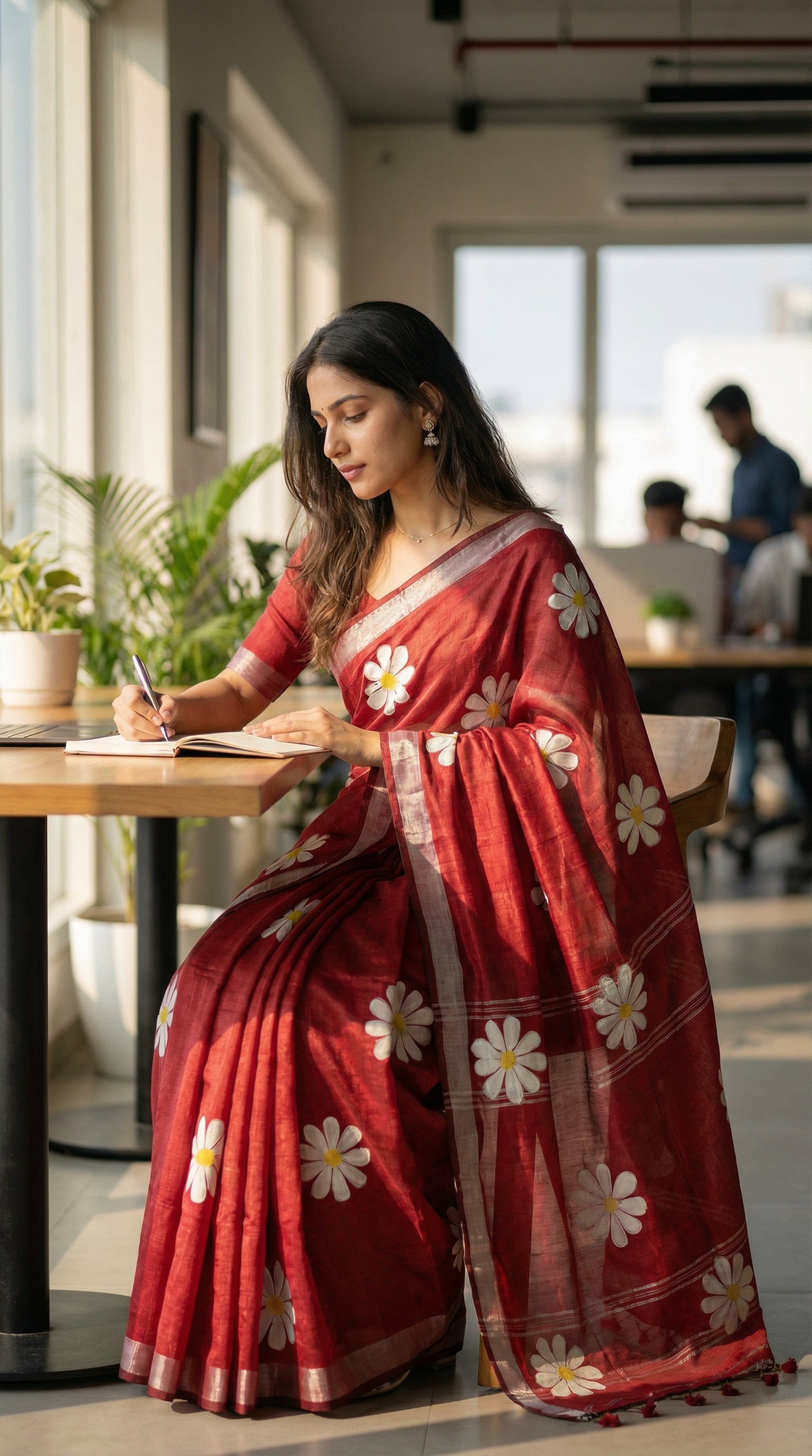 Woman wearing Red cotton saree featuring hand-painted sunflower design with white and yellow petals, sitting at a table in a bright room.