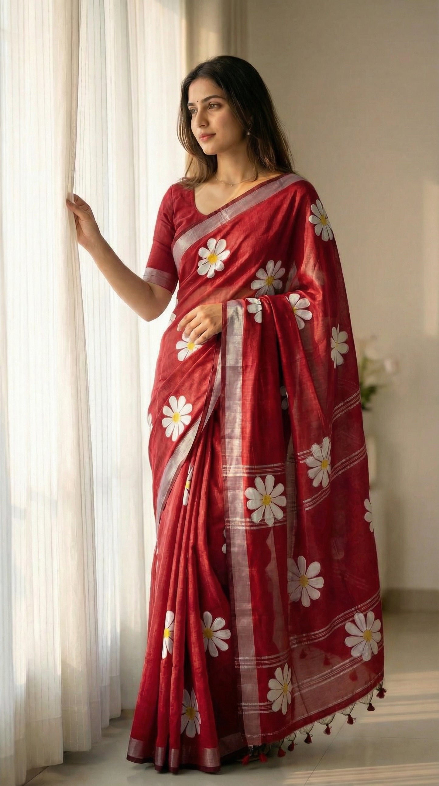 Woman wearing Red cotton saree featuring hand-painted sunflower design with white and yellow petals, standing by a window.
