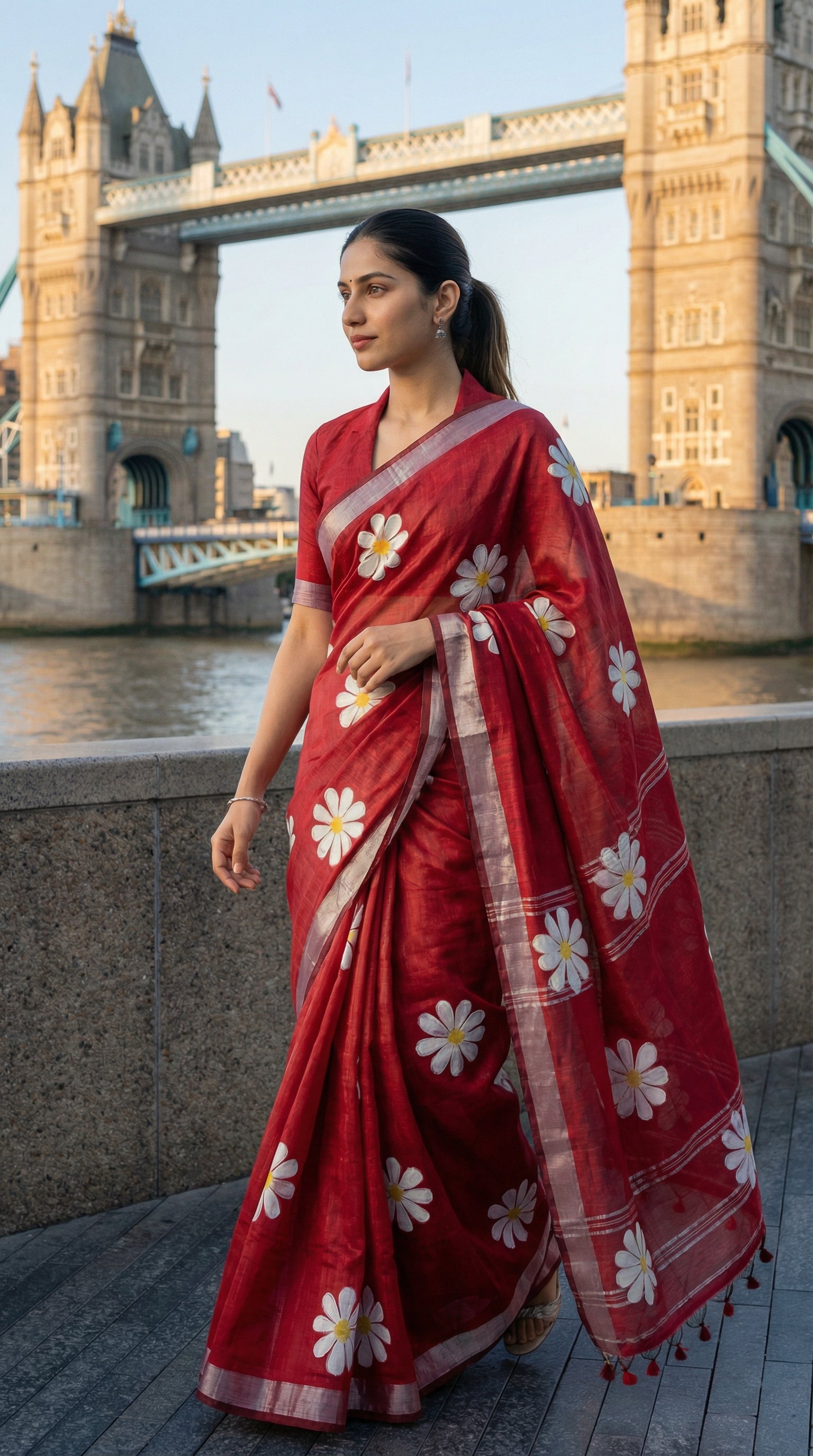 Woman wearing Red cotton saree featuring hand-painted sunflower design with white and yellow petals, standing in front of Tower Bridge.