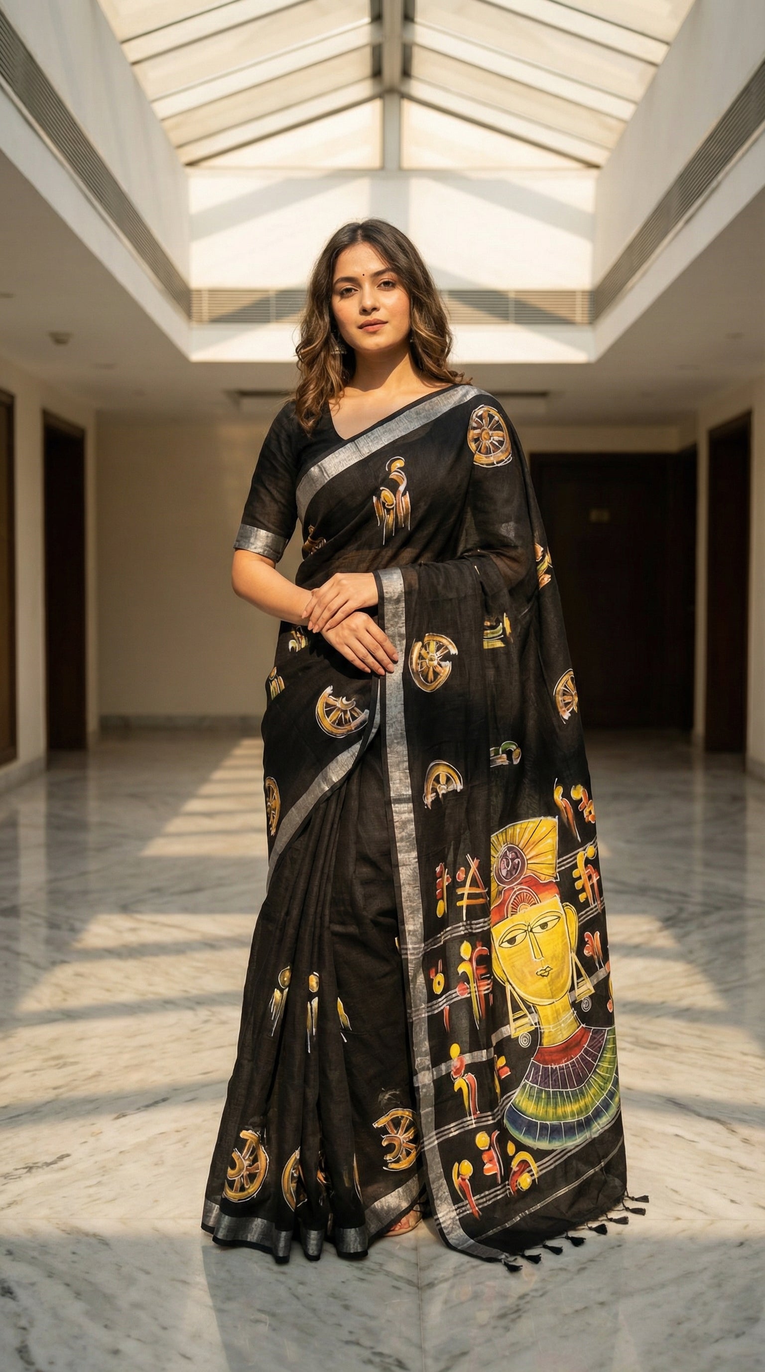 Woman wearing a black cotton saree featuring hand-painted tribal-inspired abstract face with geometric motifs,  in an indoor setting.