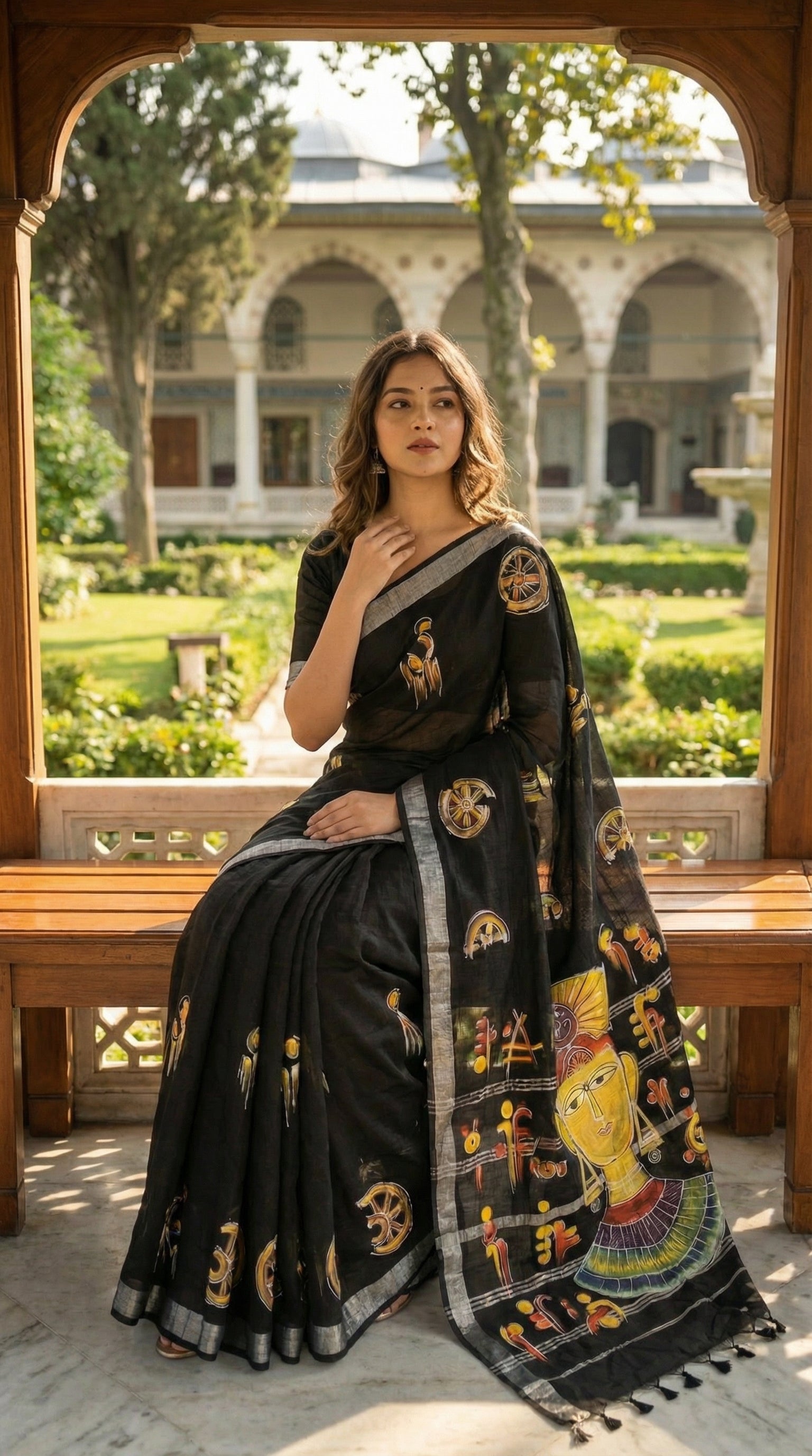 Woman in a black cotton saree featuring hand-painted tribal-inspired abstract face with geometric motifs, sitting in a garden setting.