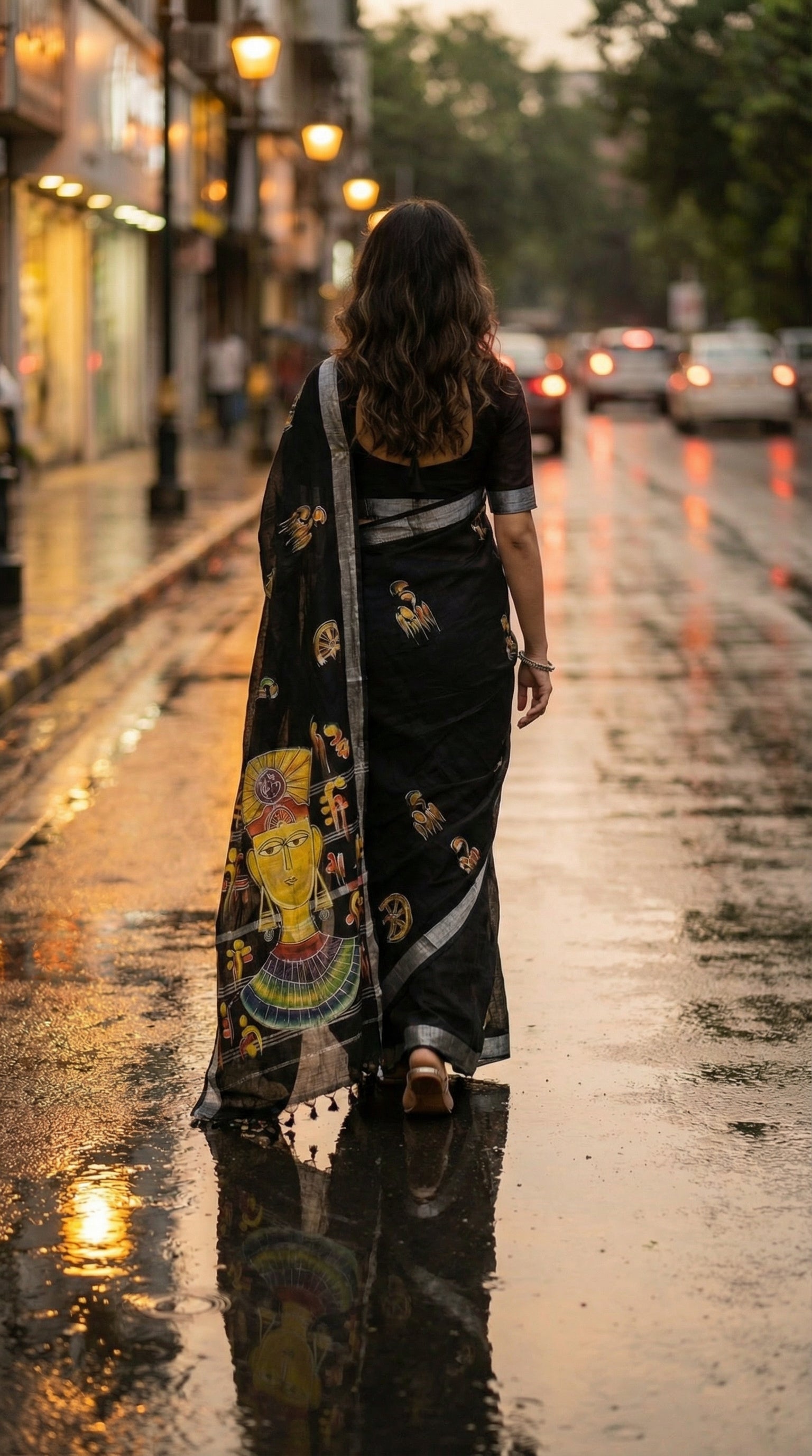 Woman in a black cotton saree featuring hand-painted tribal-inspired abstract face with geometric motifs, walking on a rain-soaked street at dusk.