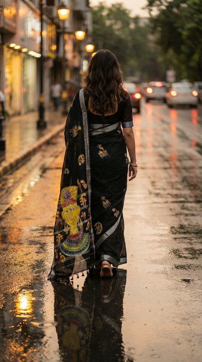 Woman in a black cotton saree featuring hand-painted tribal-inspired abstract face with geometric motifs, walking on a rain-soaked street at dusk.