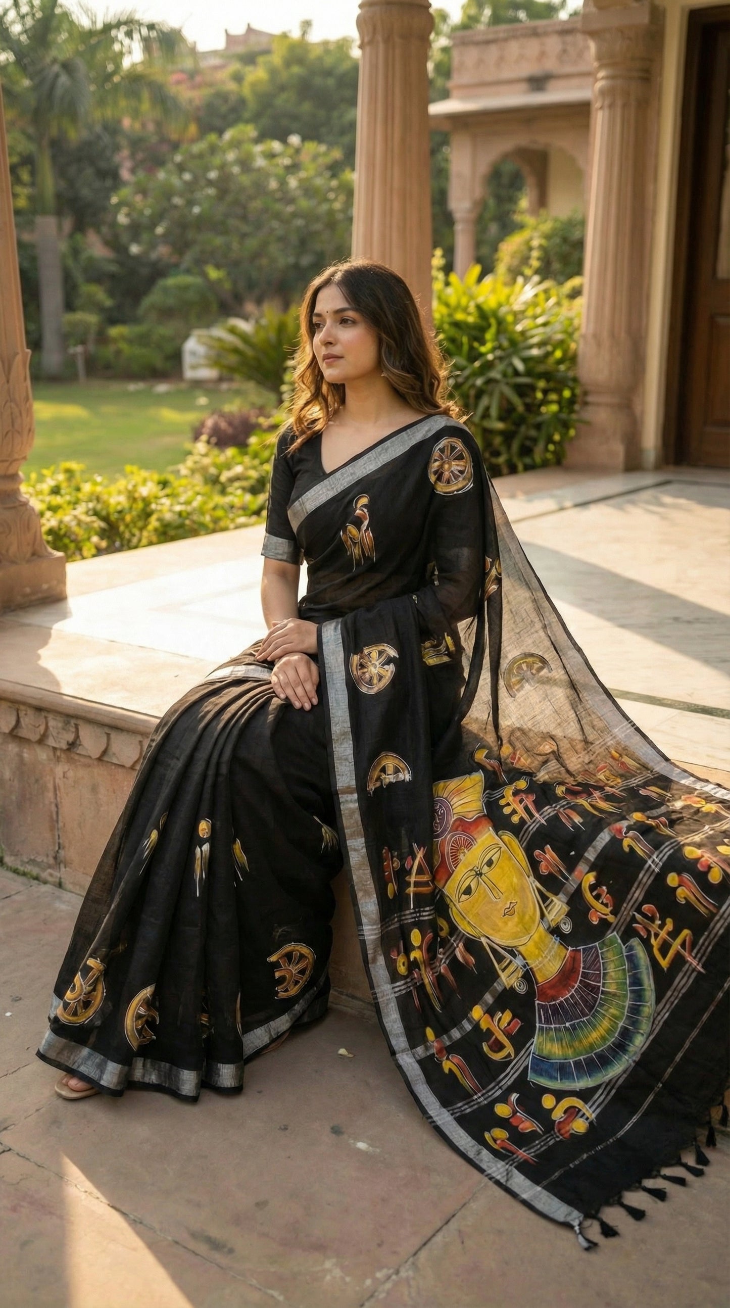 Woman in a black cotton saree featuring hand-painted tribal-inspired abstract face with geometric motifs, sitting outdoors.