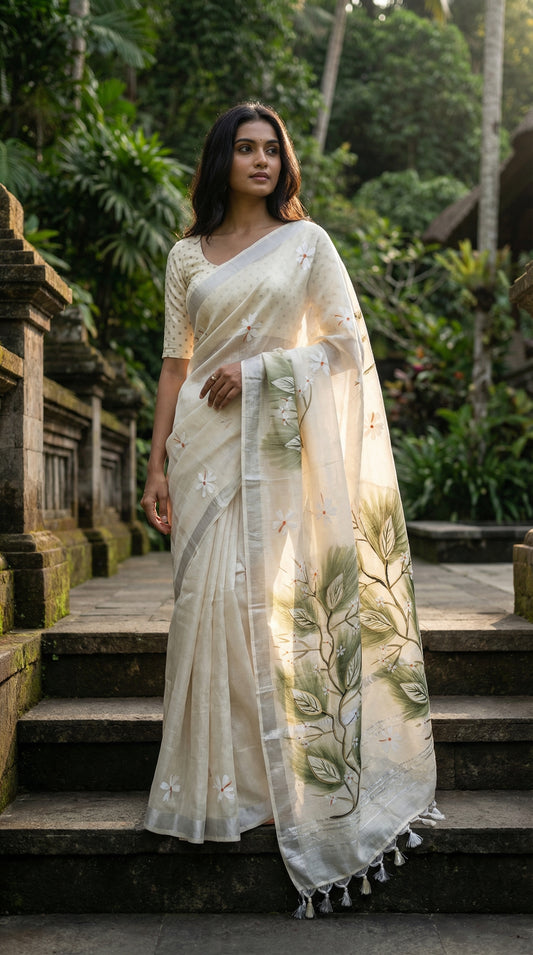 Woman in a white cotton blend saree featuring green leafy hand-painted designs and subtle border, elegant ethnic attire, standing on stone steps in a tropical setting.