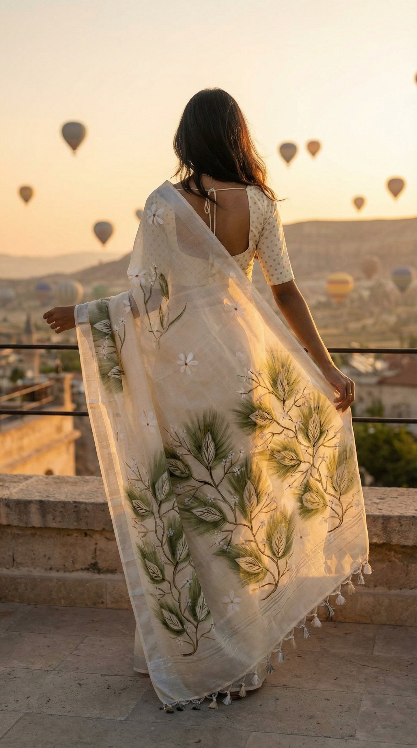 Woman in a white cotton blend saree featuring green leafy hand-painted designs and subtle border, elegant ethnic attire, overlooking a scenic sunset with hot air balloons.