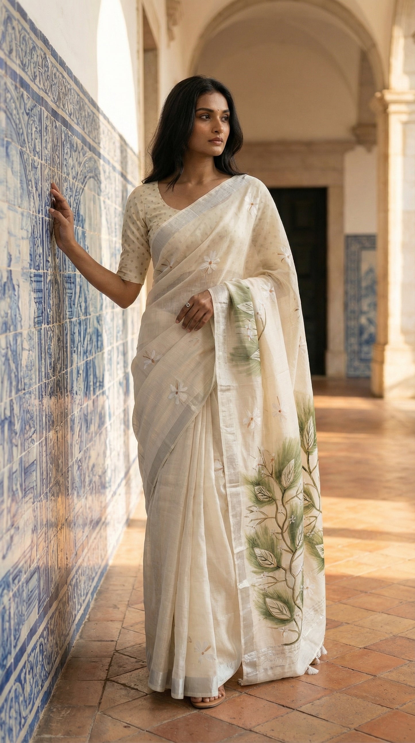 Woman in a white cotton blend saree featuring green leafy hand-painted designs and subtle border, elegant ethnic attire, standing in a sunlit hallway with blue tiled walls.