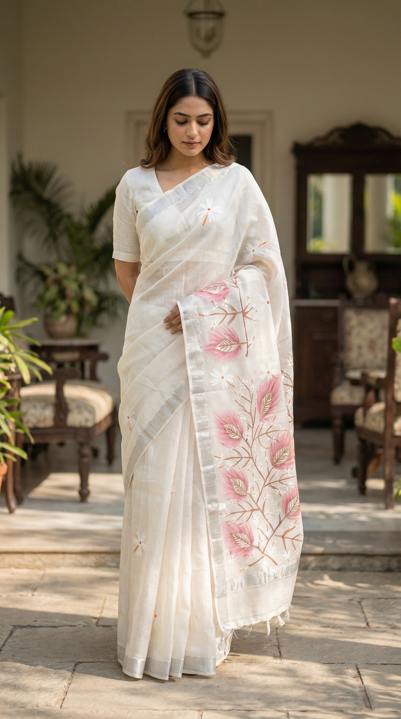 Woman wearing a white cotton blend saree with pink hand-painted floral motifs and soft border, in an outdoor setting.