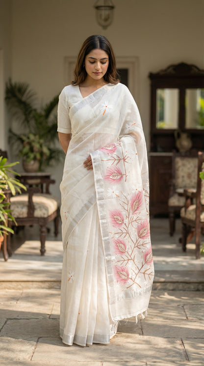 Woman wearing a white cotton blend saree with pink hand-painted floral motifs and soft border, in an outdoor setting.