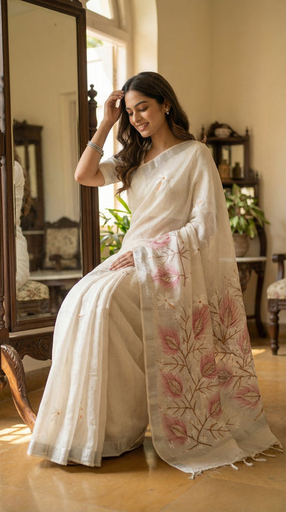 Woman in a white cotton blend saree with pink hand-painted floral motifs and soft border, sitting in a room with a mirror and plants.