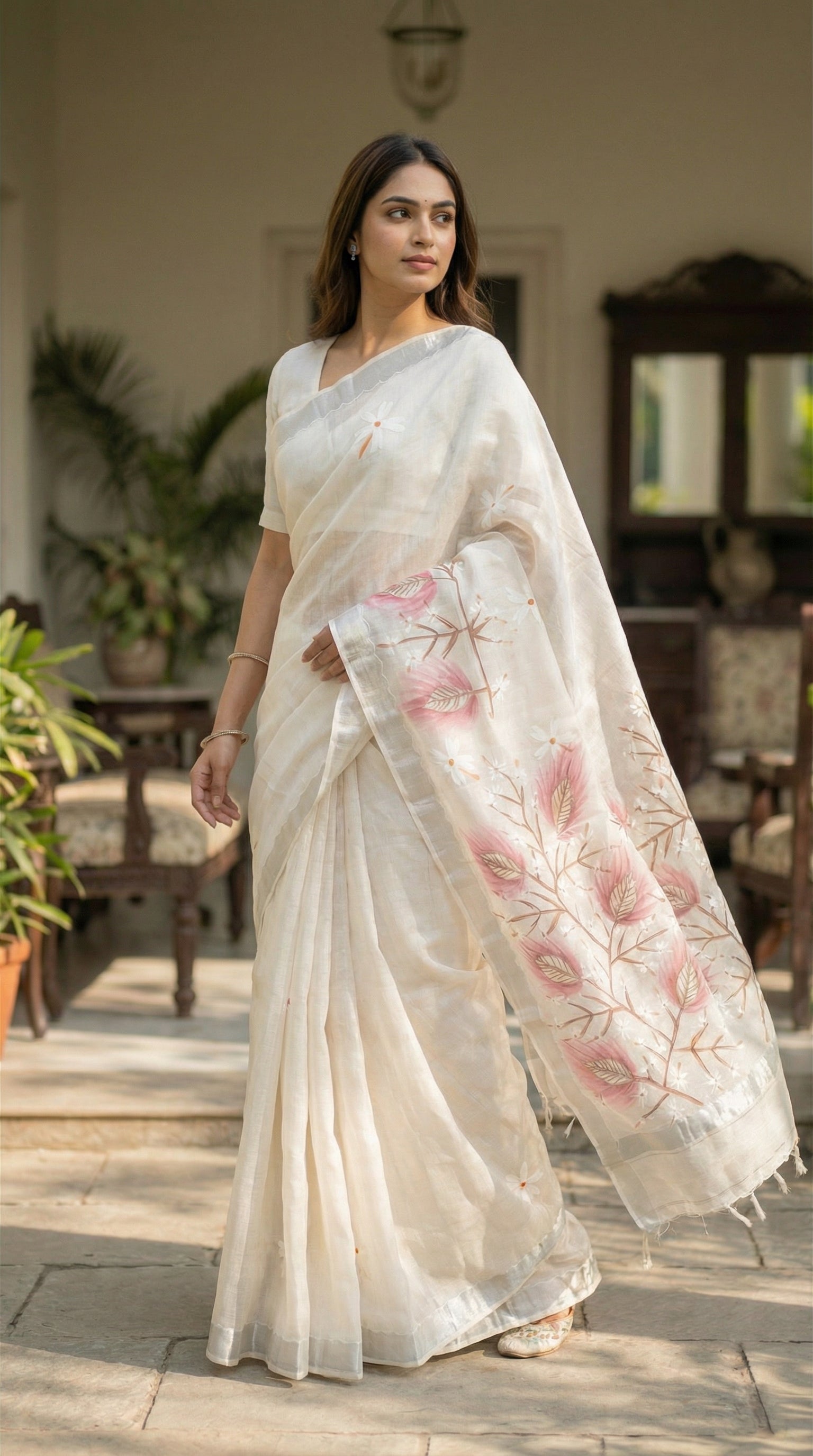Woman wearing a white cotton blend saree with pink hand-painted floral motifs and soft border, in an outdoor setting