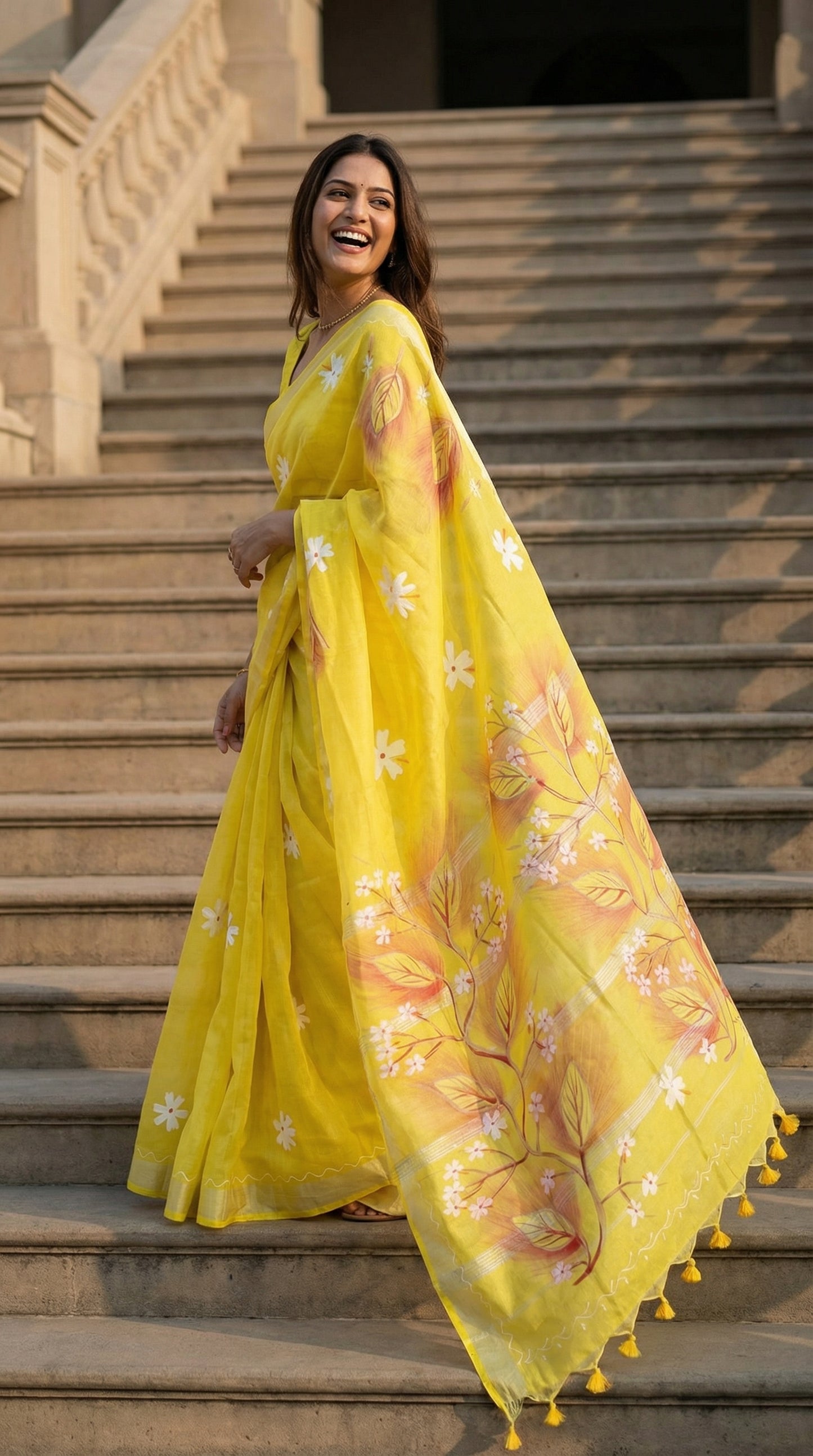 Woman in a yellow cotton blend saree with multicolor hand-painted floral and leaf motifs, standing on stone steps.