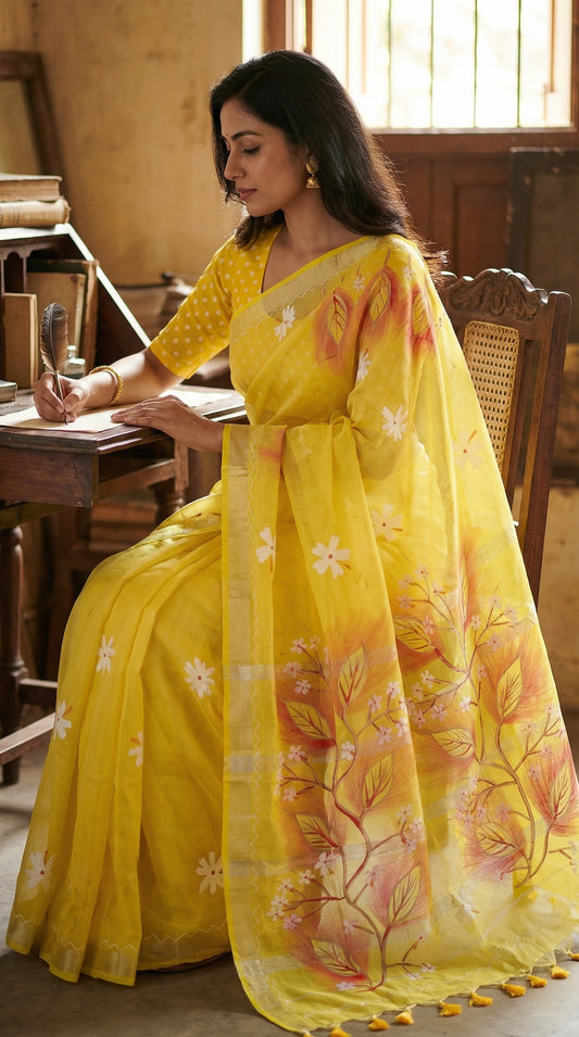 Woman wearing a yellow cotton blend saree with multicolor hand-painted floral and leaf motifs, sitting indoors.