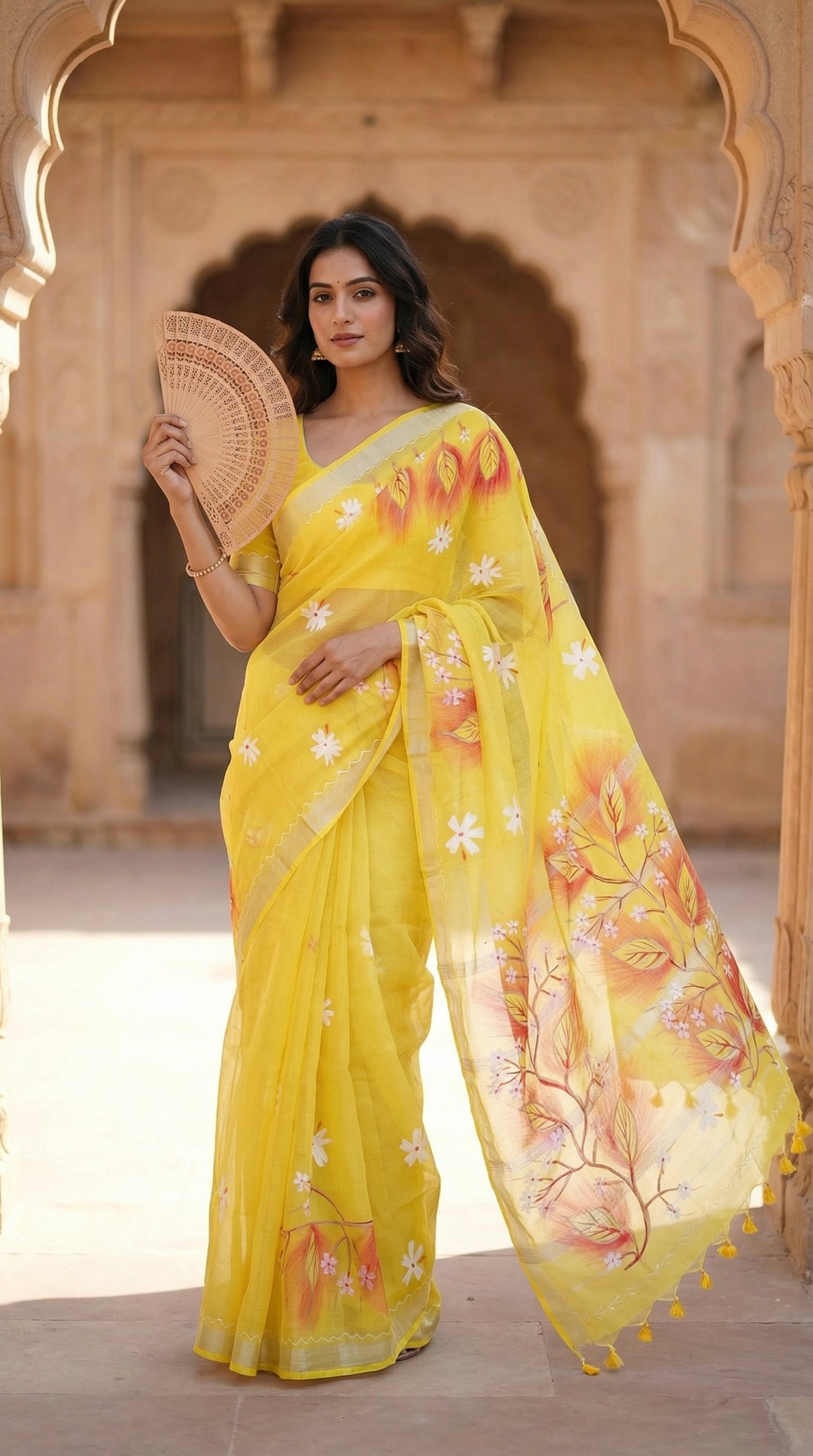 Woman in a yellow cotton blend saree with multicolor hand-painted floral and leaf motifs, standing in front of an architectural background.