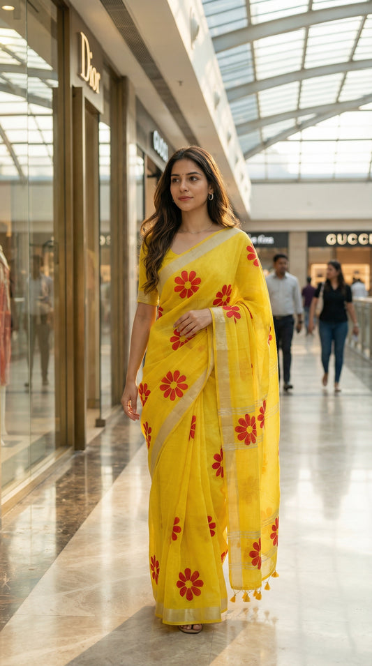 Woman wearing yellow cotton saree featuring hand-painted sunflower design with white and yellow petals, walking through a shopping mall.