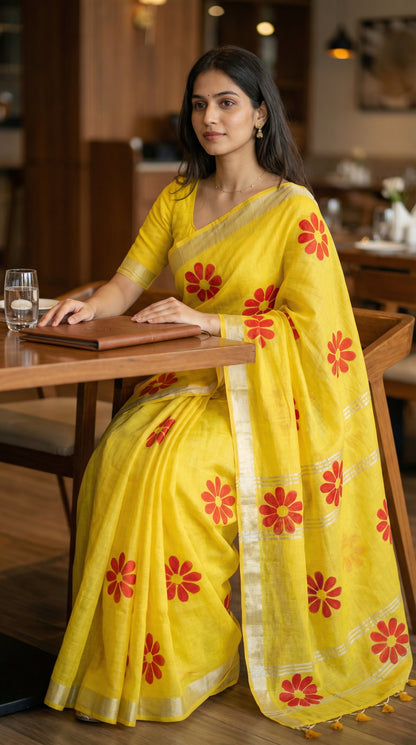 Woman wearing yellow cotton saree featuring hand-painted sunflower design with white and yellow petals, sitting at a table.
