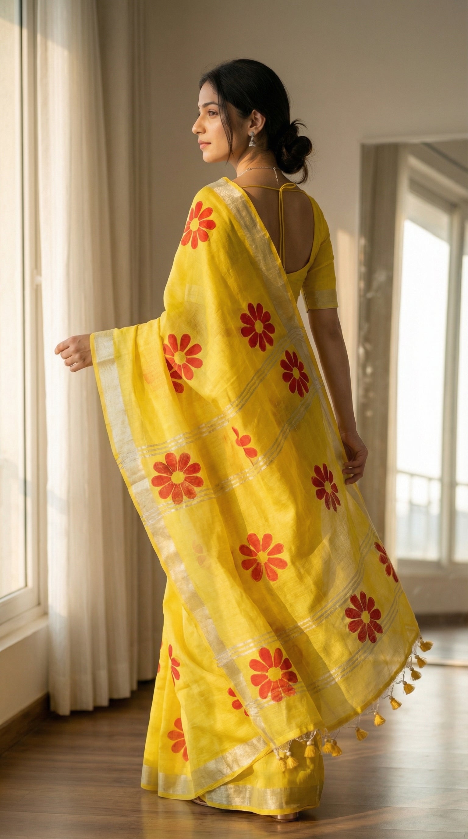 Woman wearing yellow cotton saree featuring hand-painted sunflower design with white and yellow petals, in a bright room.