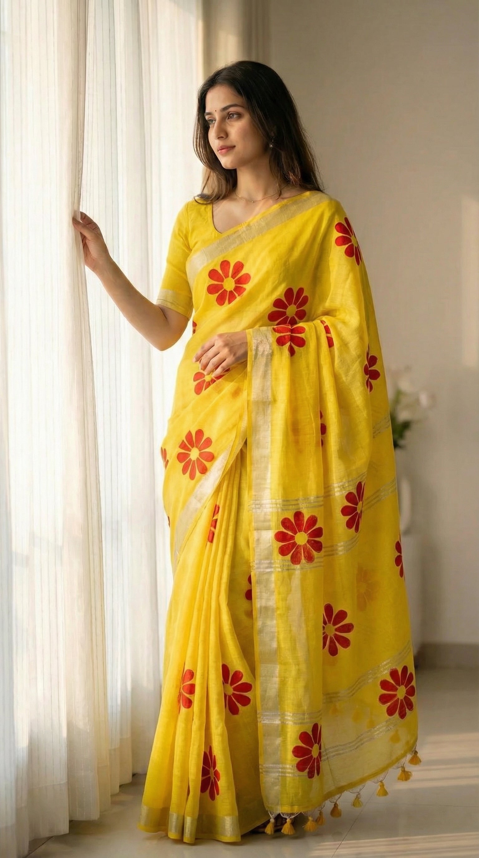 Woman wearing yellow cotton saree featuring hand-painted sunflower design with white and yellow petals, standing indoors.
