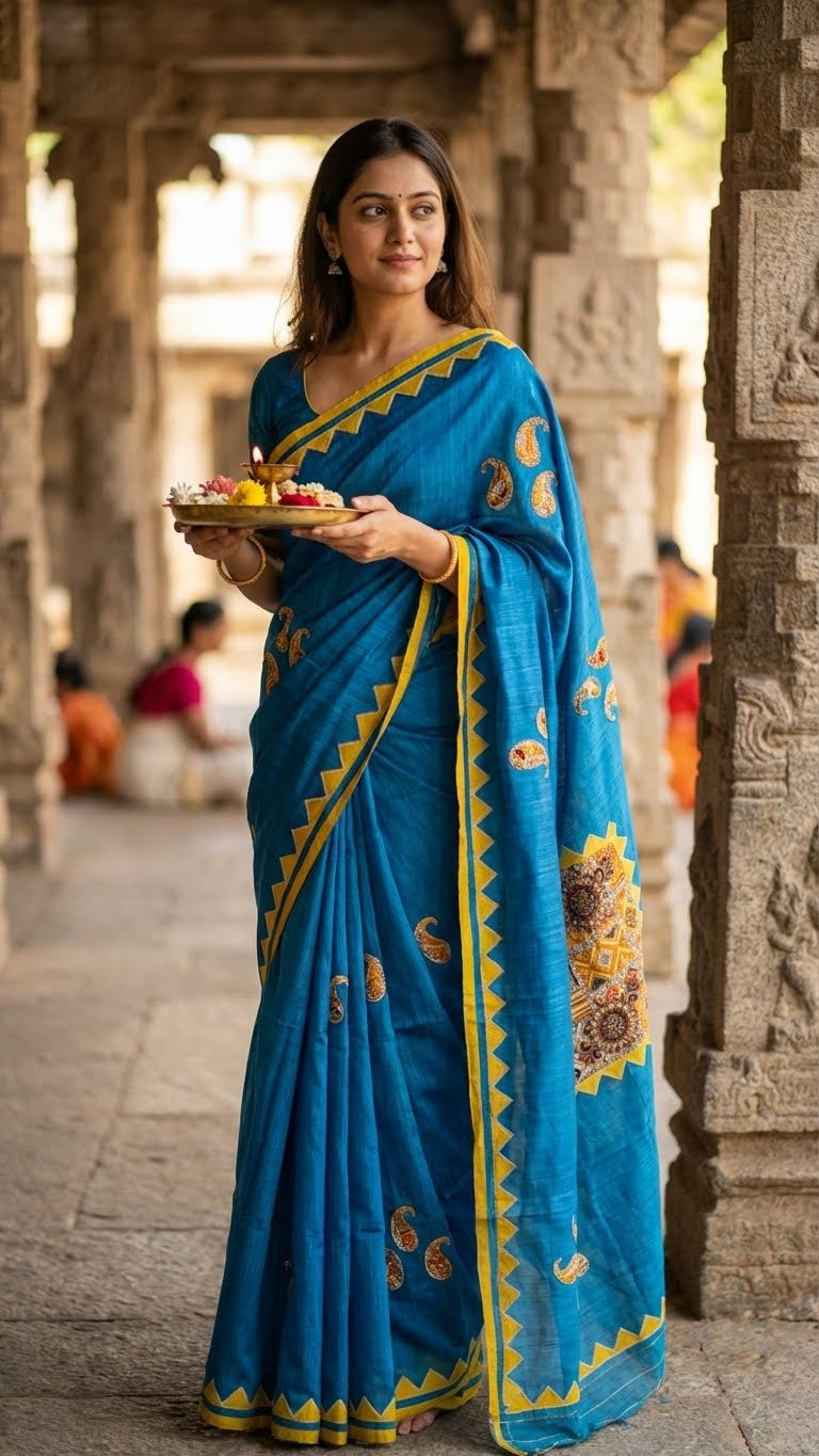 Woman in a handcrafted cotton appliqué saree – traditional motifs holding a tray of offerings in an architectural setting.