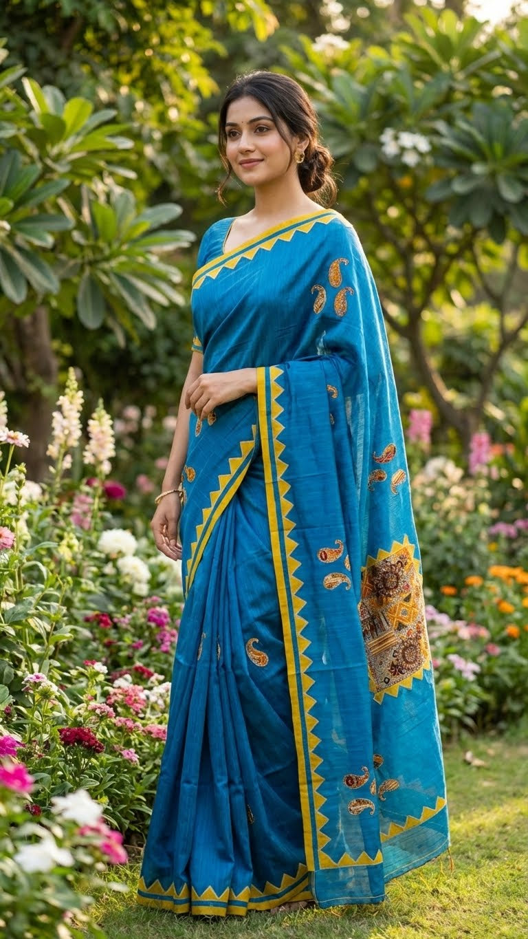 Woman in a handcrafted cotton appliqué saree – traditional motifs standing in a garden.