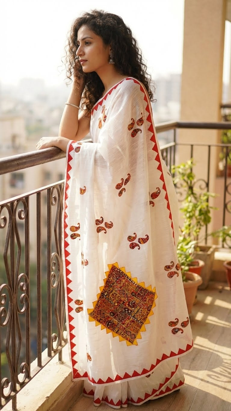 Woman wearing a white cotton saree with colorful hand-appliqué embroidery and red-yellow geometric border on a balcony.