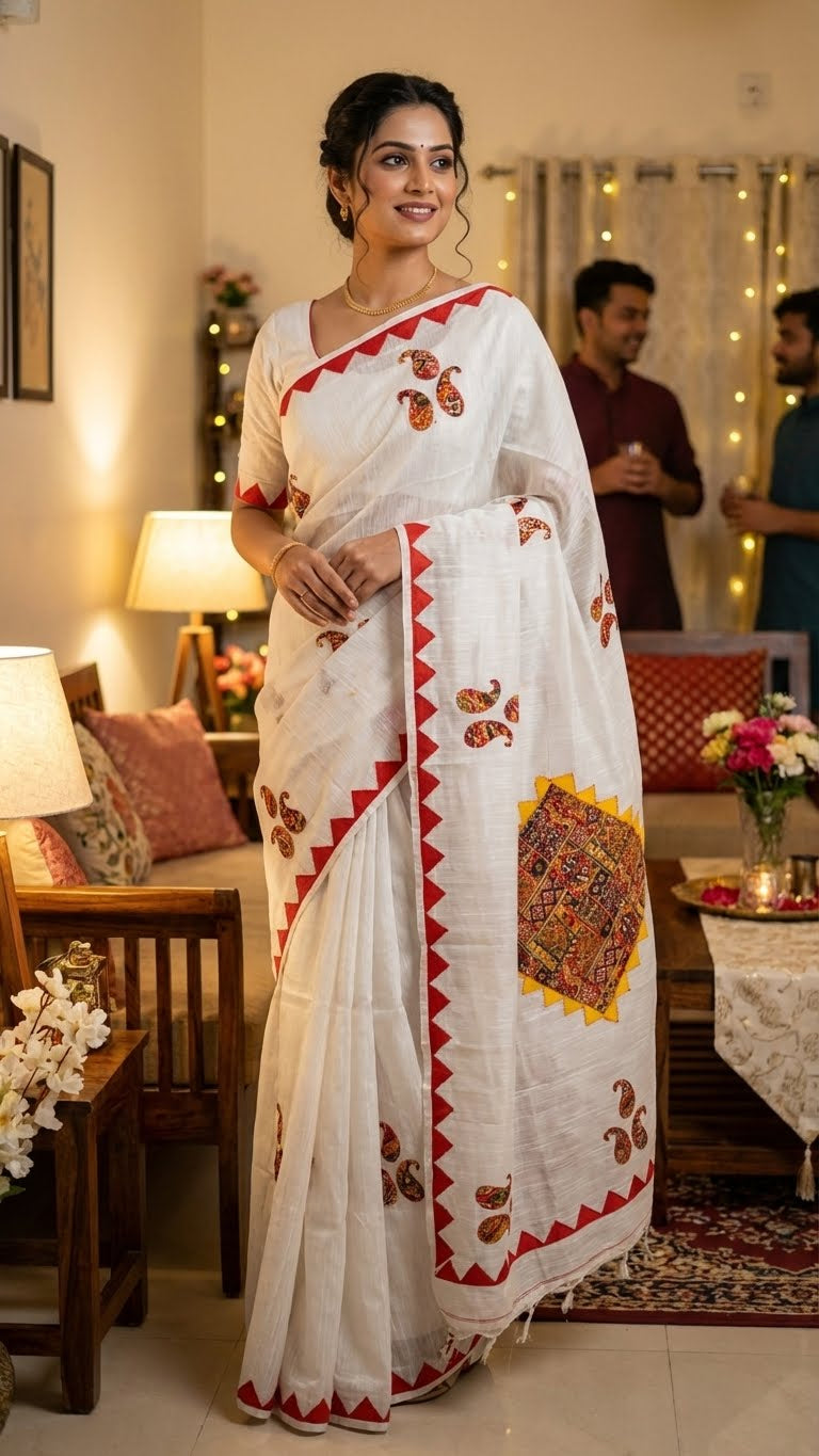 Woman in a white cotton saree with colorful hand-appliqué embroidery and red-yellow geometric border in a home setting.