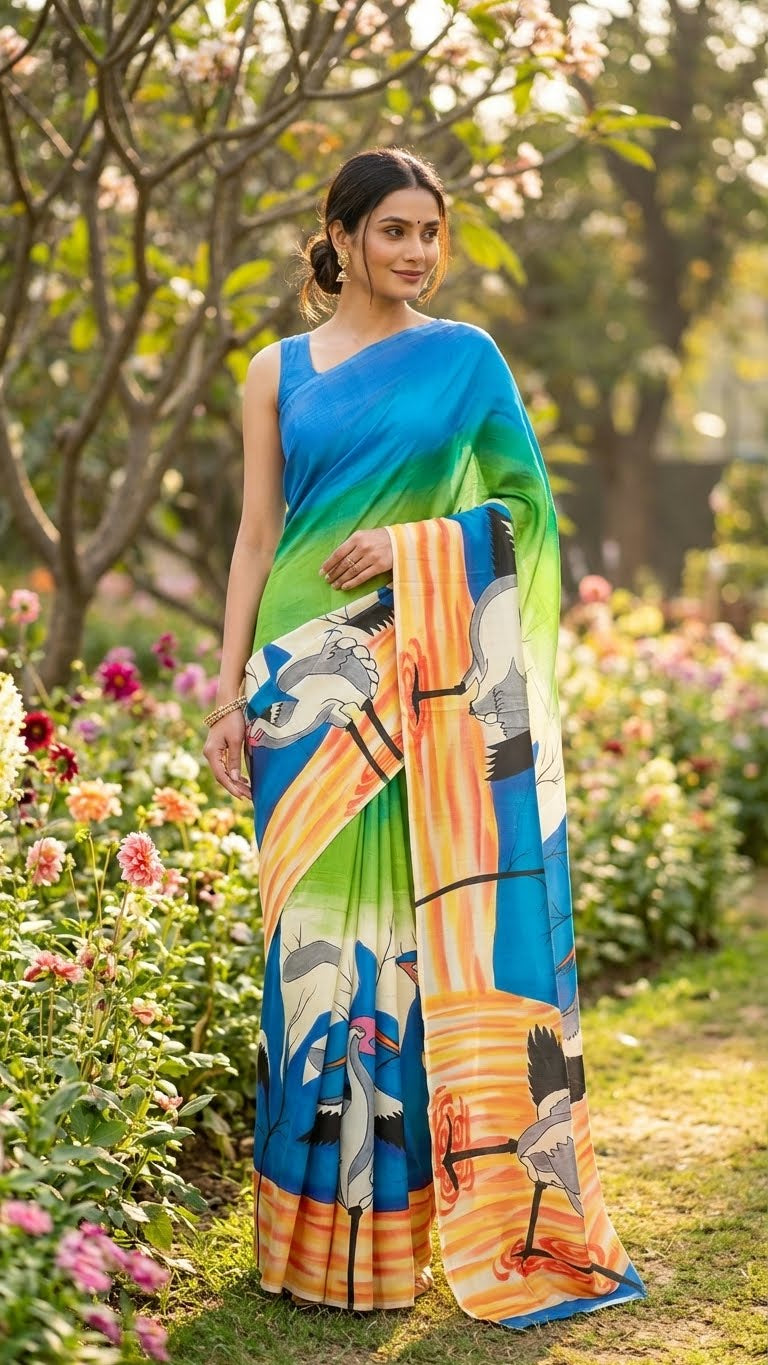 Woman in a hand-painted pure silk saree in dual-tone blue-green with crane motif and artisan detailing standing in a garden with flowers and trees.