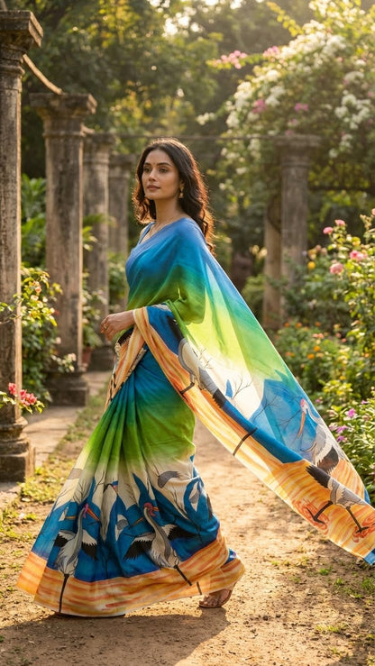 Woman in a hand-painted pure silk saree in dual-tone blue-green with crane motif and artisan detailing standing outdoors with greenery in the background.