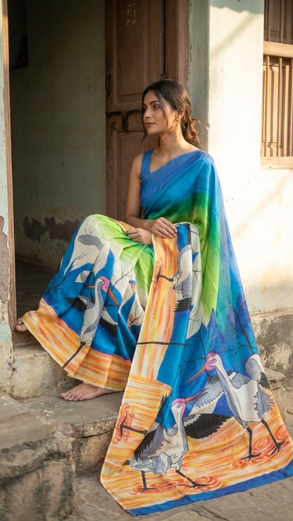 Woman sitting on steps wearing a hand-painted pure silk saree in dual-tone blue-green with crane motif and artisan detailing with bird design.