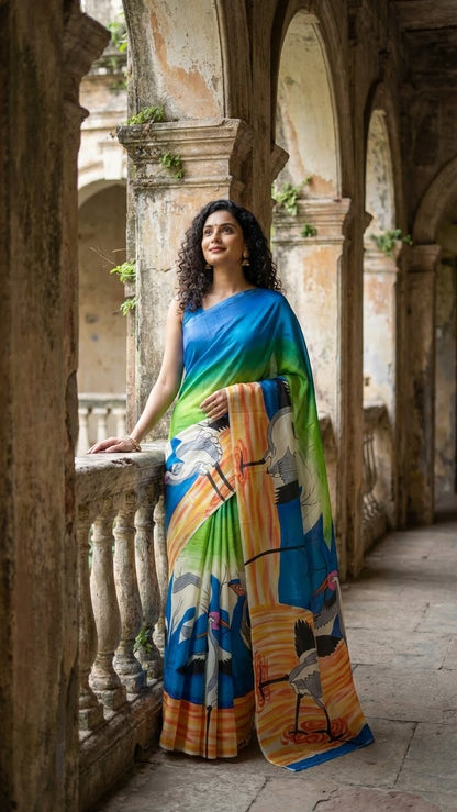 Woman in a hand-painted pure silk saree in dual-tone blue-green with crane motif and artisan detailing standing in an architectural setting.