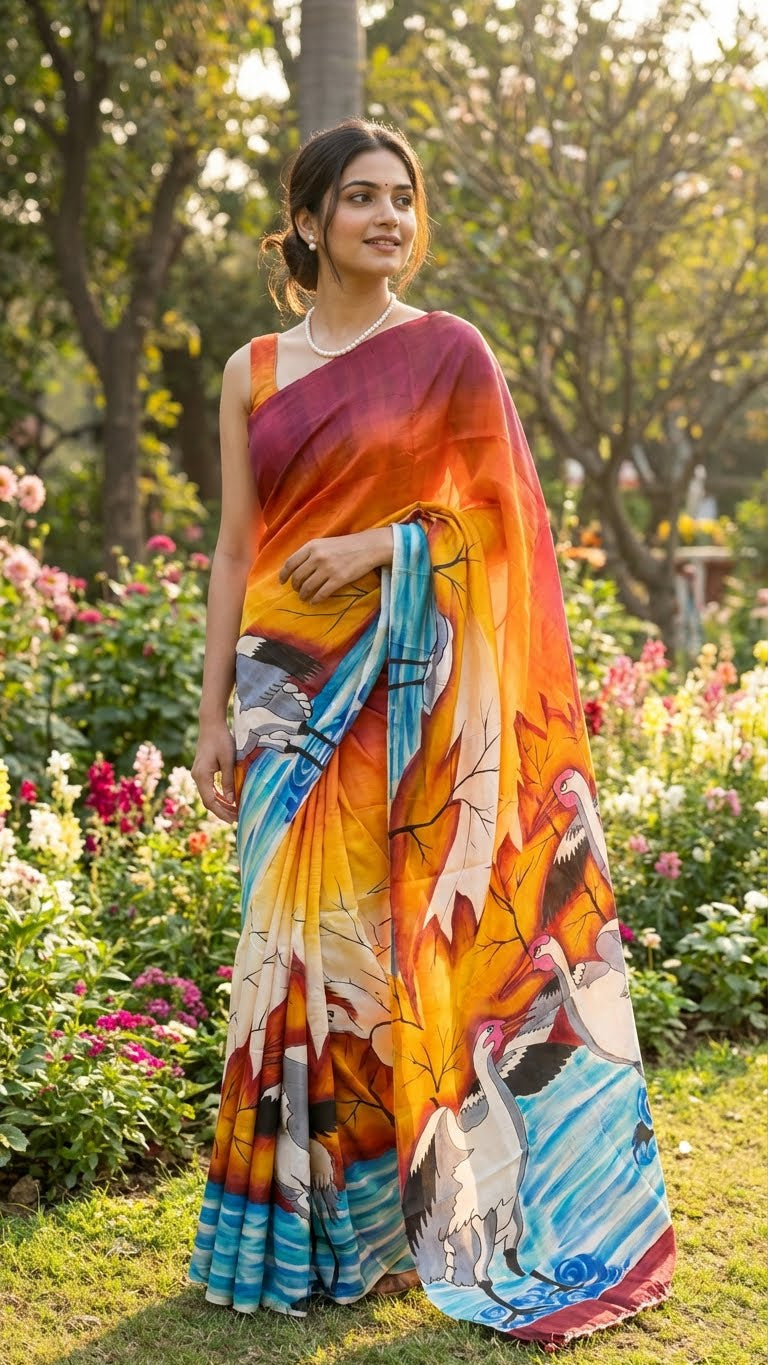 Woman wearing a hand-painted pure silk saree in dual-tone red and orange with crane motif and nature-inspired artwork with a nature-themed design in a garden setting.