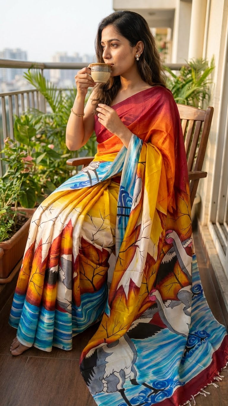 Woman in a hand-painted pure silk saree in dual-tone red and orange with crane motif and nature-inspired artwork sitting on a balcony, holding a cup.