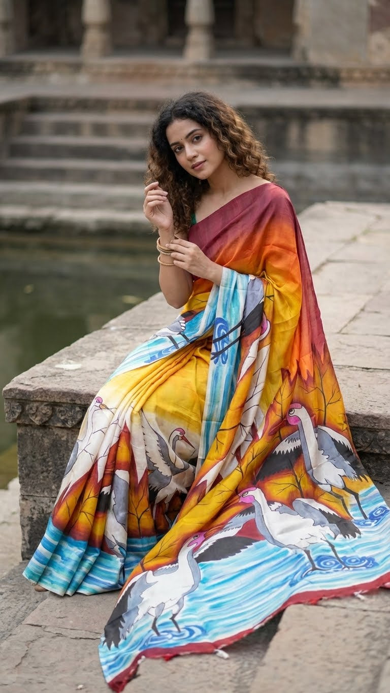 Woman in a hand-painted pure silk saree in dual-tone red and orange with crane motif and nature-inspired artwork sitting on steps near water.