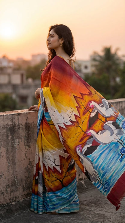 Woman wearing a hand-painted pure silk saree in dual-tone red and orange with crane motif and nature-inspired artwork with a scenic design, standing on a rooftop with a sunset view.