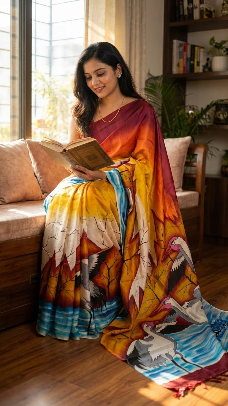 Woman in a hand-painted pure silk saree in dual-tone red and orange with crane motif and nature-inspired artwork reading a book in a cozy room.