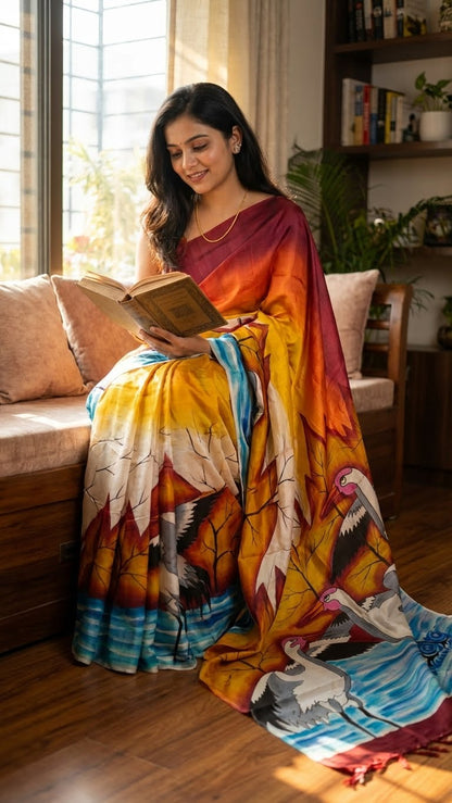 Woman in a hand-painted pure silk saree in dual-tone red and orange with crane motif and nature-inspired artwork reading a book in a cozy room.