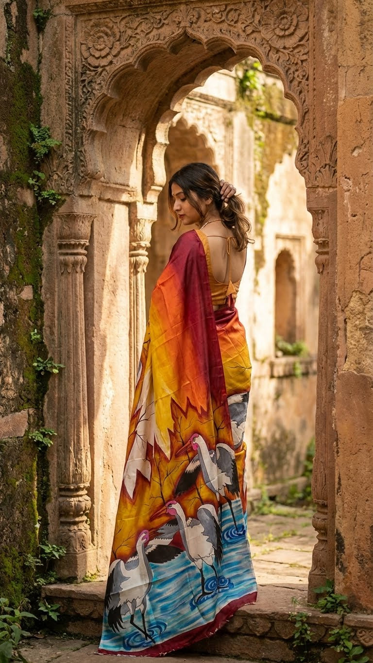 Woman in a hand-painted pure silk saree in dual-tone red and orange with crane motif and nature-inspired artwork standing in an ancient architectural setting.