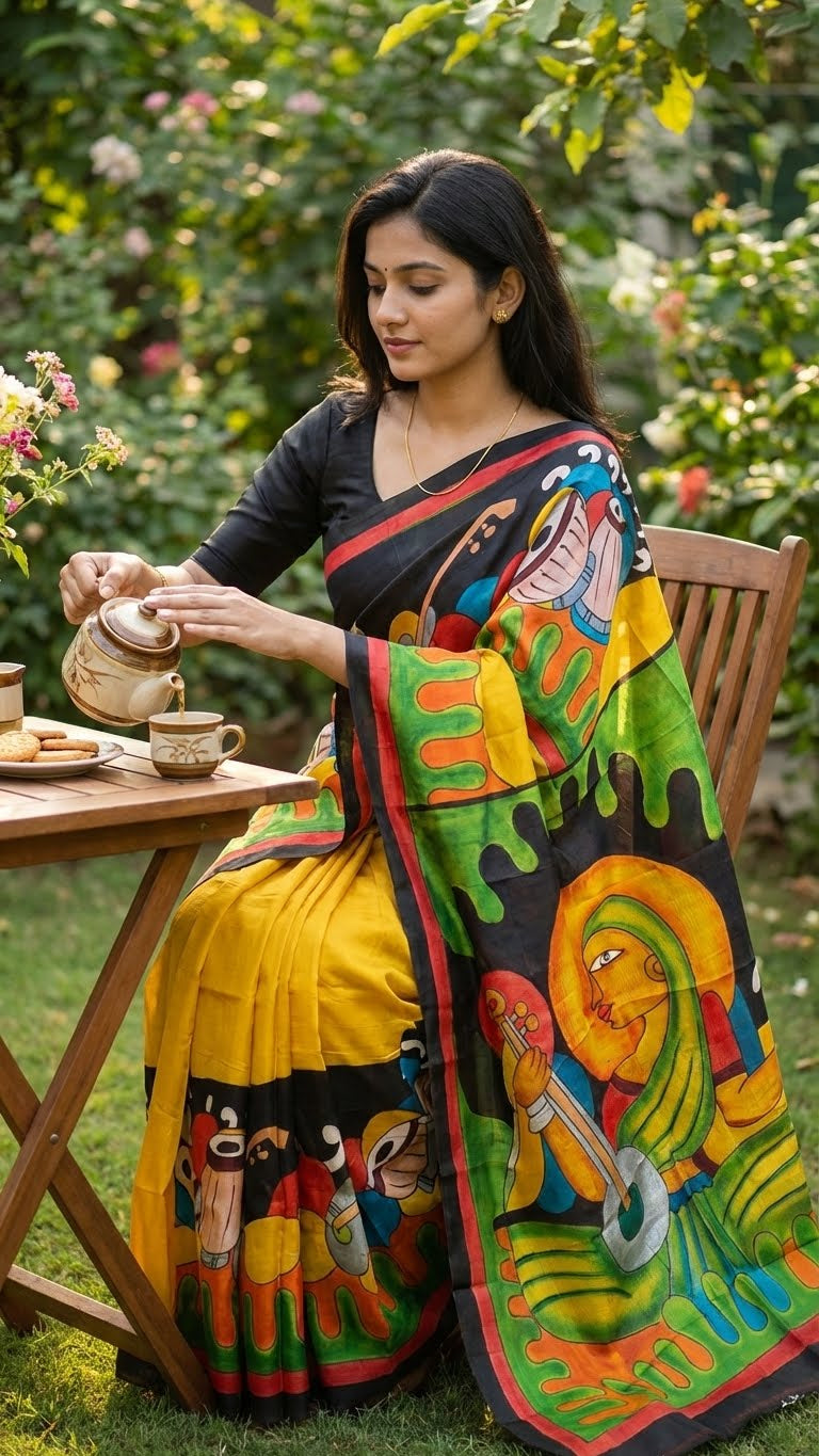 Woman in a hand-painted pure silk saree in dual-tone yellow and black with artisan detailing and luxurious drape sitting outdoors at a table with a tea set.