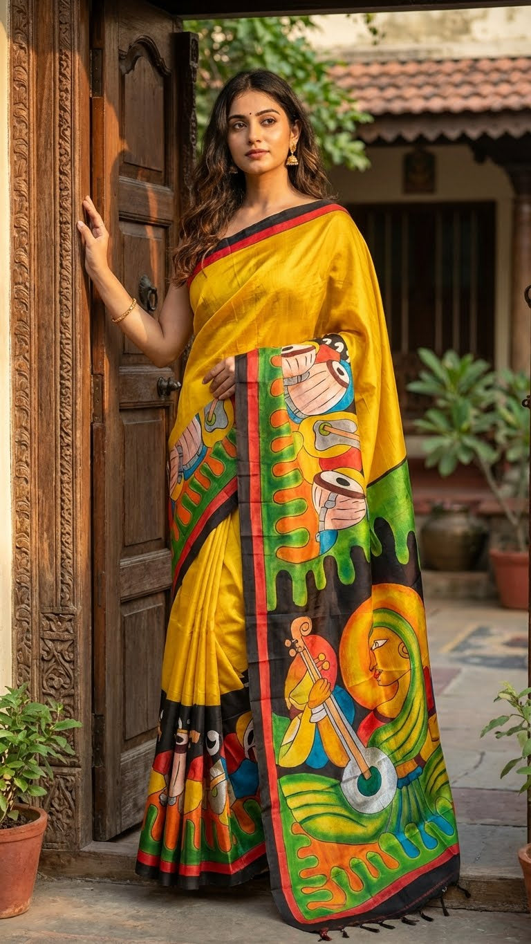 Woman wearing a hand-painted pure silk saree in dual-tone yellow and black with artisan detailing and luxurious drape, standing in front of a traditional wooden door.