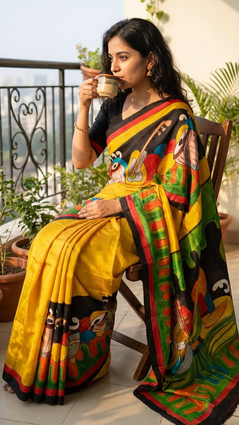 Woman in a hand-painted pure silk saree in dual-tone yellow and black with artisan detailing and luxurious drape sitting on a chair with a cup, surrounded by plants.