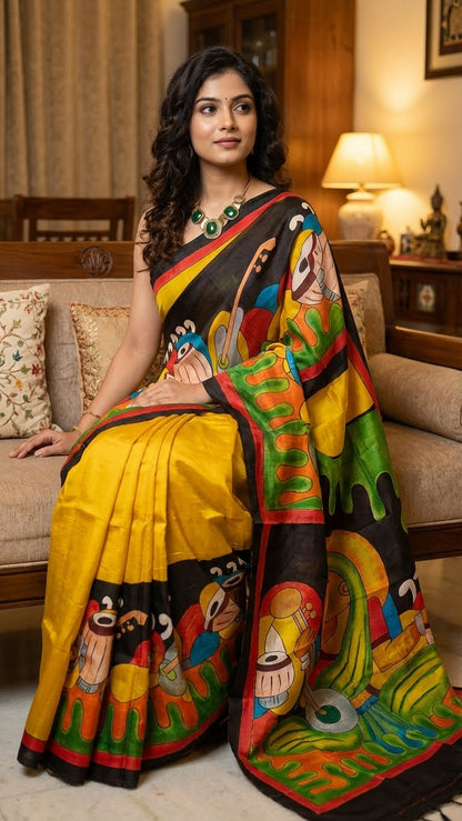 Woman wearing a hand-painted pure silk saree in dual-tone yellow and black with artisan detailing and luxurious drape with a traditional design in a living room setting.