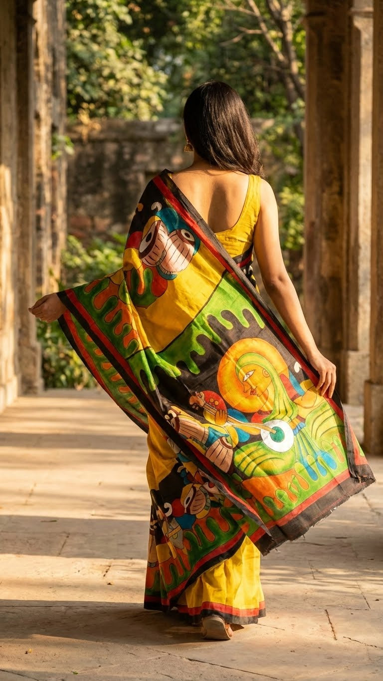 Woman wearing a hand-painted pure silk saree in dual-tone yellow and black with artisan detailing and luxurious drape with a traditional design, standing outdoors.