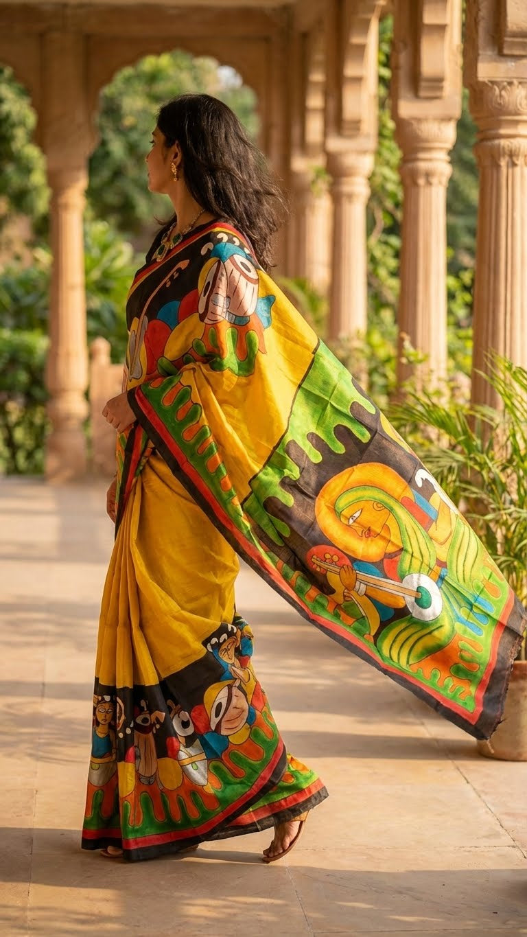 Woman in a hand-painted pure silk saree in dual-tone yellow and black with artisan detailing and luxurious drape walking outdoors with architectural columns in the background.