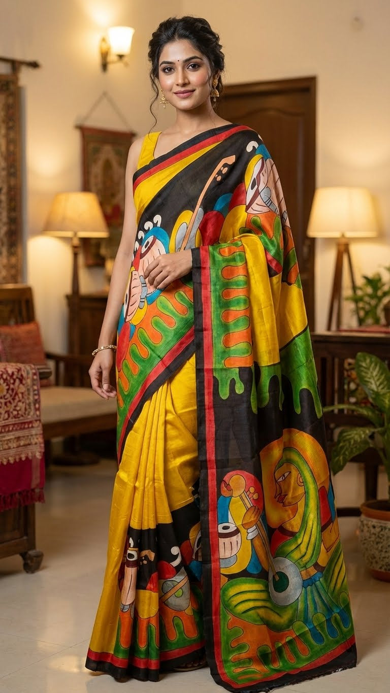 Woman wearing a hand-painted pure silk saree in dual-tone yellow and black with artisan detailing and luxurious drape in an indoor setting.