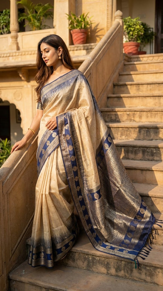 A lady wearing Beige Hasthkala blended silk saree featuring a royal blue gold zari border and temple motifs walking down stairs of a house.