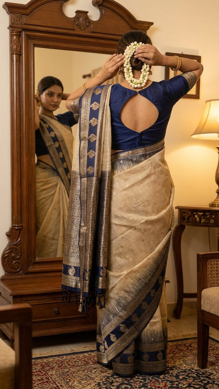 A lady wearing Beige Hasthkala blended silk saree featuring a royal blue gold zari border and temple motifs looking at the mirror in her house and adjusting her hairs.