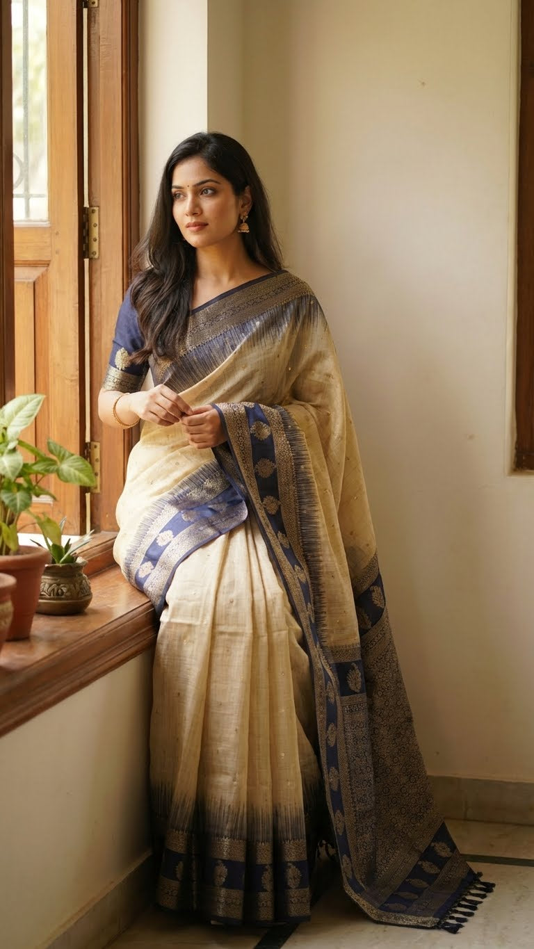 A lady wearing Beige Hasthkala blended silk saree featuring a royal blue gold zari border and temple motifs sitting on a window in her house with plants.