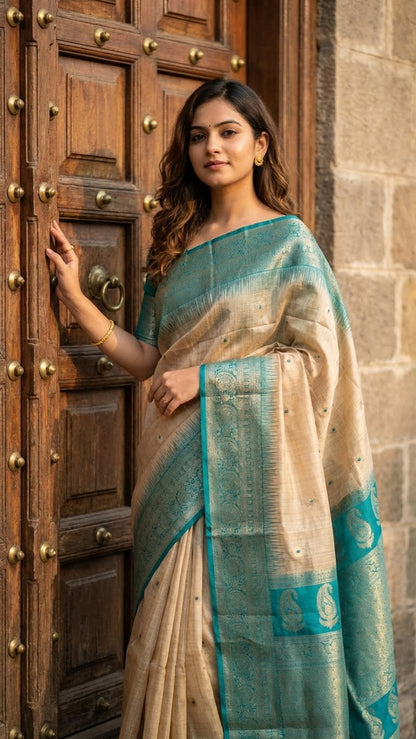 Woman in a beige Hasthkala blended silk saree featuring a royal blue gold zari border and temple motifs standing in front of a wooden door.
